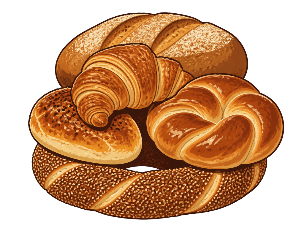 Simit, açma, poğaça, kruvasan ve ekmek çizimi